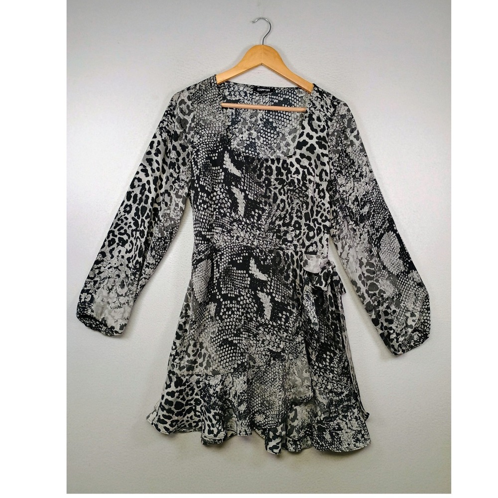 Mob Wife Express Women Size S Gray Animal Print Snakeskin Ruffle Wrap Mini Dress